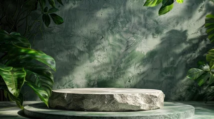 Gordijnen Natural stone and concrete podium in Natural green background for Empty show for packaging product presentation. Background for cosmetic products, the scene with green leaves - generative ai © Nia™