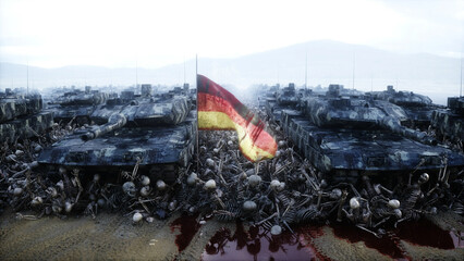 Germany military tanks leopards and skulls. Help for ukraine. Anti war concept. 3d rendering.