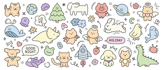 Cute hand drawn kid icons set. Doodle set of sun, dinosaur, frog, planet, animal, cloud, star, bear, whale, letter, tree. Vector trendy cartoon childish elements for stickers, patterns, banners.