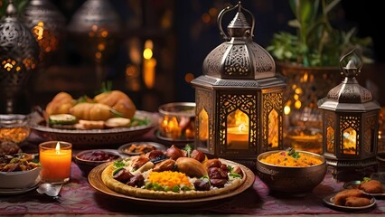 A poetic picture of a Ramadan iftar table, Gulf Ramadan dishes, Ramadan decor, lighted metal Arabic lanterns decorating the table.