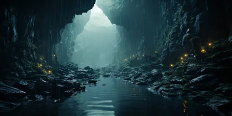 Deurstickers A river flows through the dark cave, creating a unique natural landscape © Yuchen