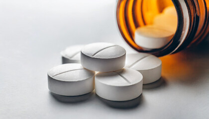 White round pills on white background symbolize purity and health, isolated, beautiful, unique - obrazy, fototapety, plakaty