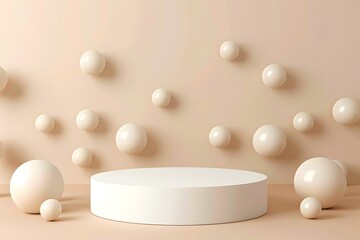 3D white cylindrical podium with floating beige spheres around,minimalist style,presentation,layout, demonstration of cosmetics,design concept,marketing and advertising