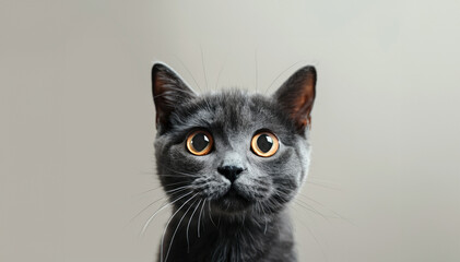 Little cute grey kitten close up on neutral grey background, copy space for text