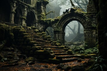 Abandoned building hidden in dark forest with overgrown stairs