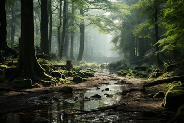 Water flows through forest, surrounded by trees and plants in natural landscape