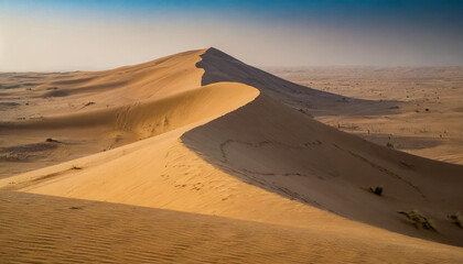 Fototapeta na wymiar Vast desert sands under a blazing sun, epitomizing solitude and resilience. Sand dunes stretch endlessly, symbolizing nature's grandeur and timelessness