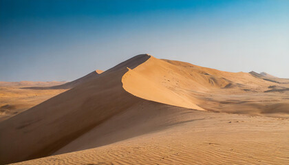 Fototapeta na wymiar Vast desert sands under a blazing sun, epitomizing solitude and resilience. Sand dunes stretch endlessly, symbolizing nature's grandeur and timelessness
