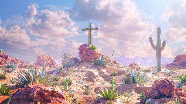 christian loop calm video of jesus cross on the desert with desert plant cactuss animated cloudy sky pink vibes