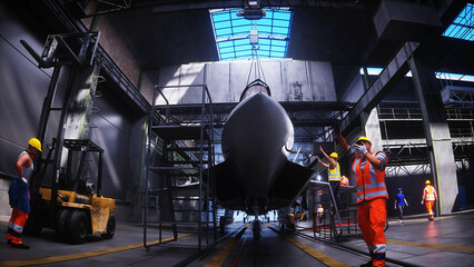 Production of military fighter jet f 22 raptor at the factory. Military factory weapon. 3d rendering.