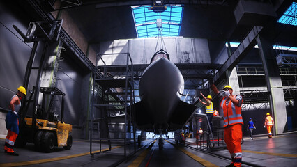 Production of military fighter jet f 22 raptor at the factory. Military factory weapon. 3d rendering.