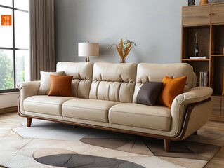 Timeless Appeal: Modern Living Room with Luxe Leather Couch and Neutral Tones