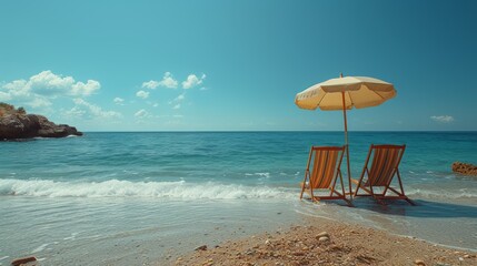 Beach chairs and umbrella on a sunny day