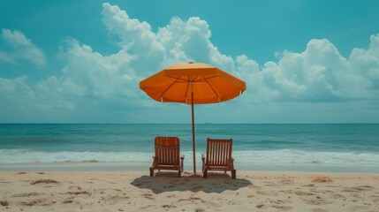 Beach chairs and umbrella on a sunny day