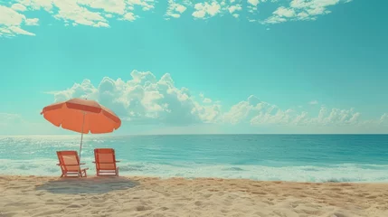 Poster Beach chairs and umbrella on a sunny day © nataliia_ptashka