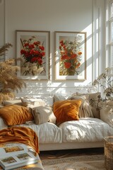 Golden Comfort: A Stylish and Inviting Living Area Bathed in Warm Sunshine, wall art mock up
