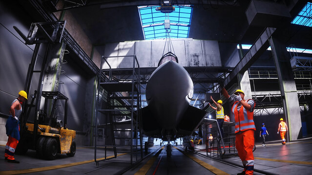 Production of military fighter jet f 22 raptor at the factory. Military factory weapon. 3d rendering.