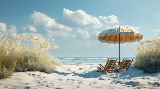Beach chairs and umbrella on a sunny day - Powered by Adobe