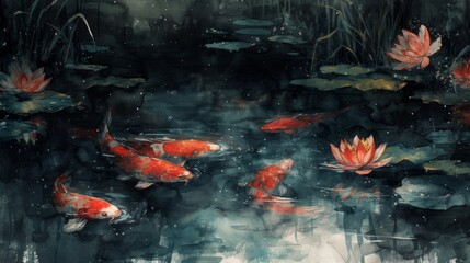 Koi fish in the pond with grunge textured background.