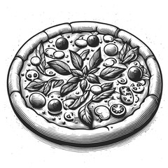 pizza with toppings in an intricate black and white engraving style sketch engraving generative ai vector illustration. Scratch board imitation. Black and white image.