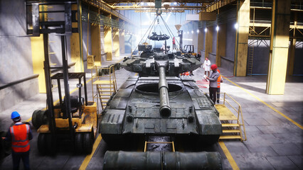 Production of military russian battle tank T 90 at the factory. Military factory weapon. 3d rendering.