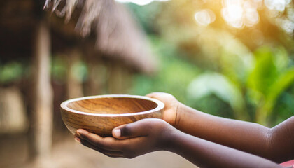 empty wooden bowl held by African child, symbolizing hunger and poverty in Africa - obrazy, fototapety, plakaty