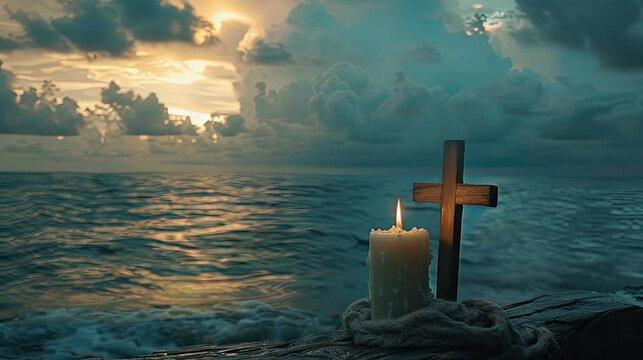 christian video animation jesus Cross with candle light in the beach with sea water animated and cloudy dark sky