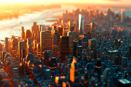 Wallpaper of New York City in micro pixel art. Aerial view of the city skyscrapers by the river at sunset.