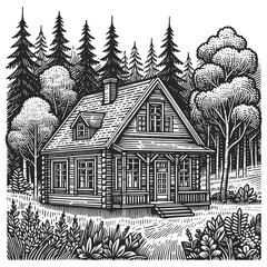 cozy mountain house cabin surrounded by dense pine trees and a mountain backdrop. Sketch engraving generative ai vector illustration. Scratch board imitation. Black and white image.