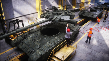 Production of military russian battle tank T 90 at the factory. Military factory weapon. 3d rendering.