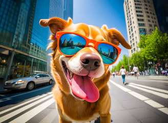 Funny dog wearing sunglasses and tongue out on summer shot with close up wide angle in a big city with high rise buildings and blue sky. - 757602298
