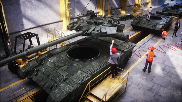 Production of military russian battle tank T 90 at the factory. Military factory weapon. 3d rendering.