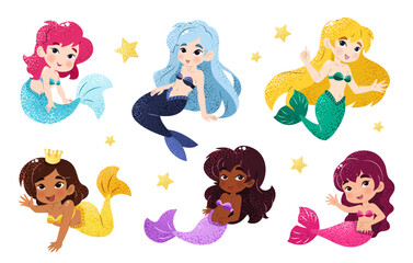 Obraz na płótnie Canvas Bundle with kawaii mermaids. Isolated illustrations on a white background with funny magical creatures for a childish print. Vector clip art. An underwater set of princesses. Sea life.