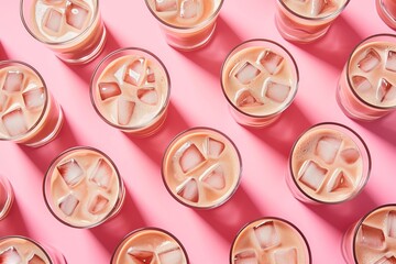 Pattern made of of fancy Ice coffee latte, diagonally arranged  on a pink pastel background. Fresh spring coffee concept.	