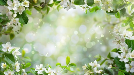 Fototapeta na wymiar Spring of floral blossom with green leaves and white flowers background. AI generated image