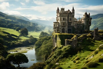 Castle perched on hill near river, framed by mountains and sky - obrazy, fototapety, plakaty