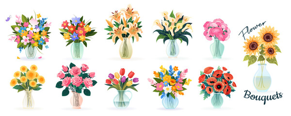 Set of bouquets in vases with spring and summer various flowers, isolated vector illustrations on white for birthday invitations, Women's Day, Mother's Day, wedding cards. Floral design, clip-art. - obrazy, fototapety, plakaty