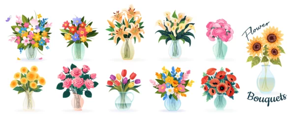 Foto op Plexiglas Set of bouquets in vases with spring and summer various flowers, isolated vector illustrations on white for birthday invitations, Women's Day, Mother's Day, wedding cards. Floral design, clip-art. © Iuliia Savko