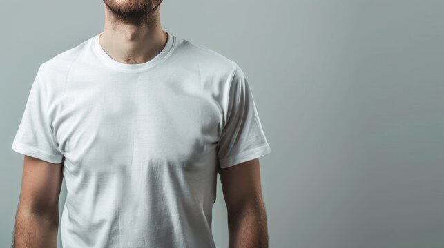 Portrait cropped a man wearing white t-shirt isolated on gray background. AI generated