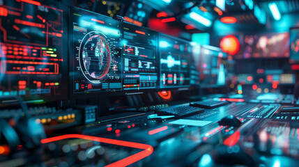 Obraz premium Advanced Control Room with Interactive Displays and Data Monitoring