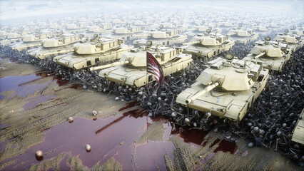 American military tanks Abrams and skulls. Help for ukraine. Anti war concept. 3d rendering.