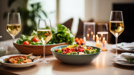 Fine restaurant dinner table place setting: napkin, wineglass, plate, bread and salad.