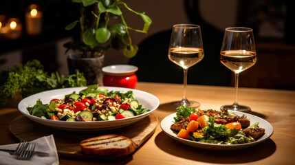 Fine restaurant dinner table place setting: napkin, wineglass, plate, bread and salad.