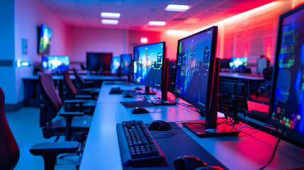 Futuristic Cybersecurity Operations Center with Multiple Workstations