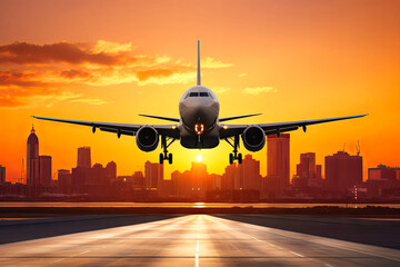 Large Jetliner Flying Over City at Sunset - obrazy, fototapety, plakaty