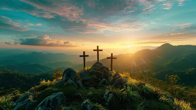 golgotha hill calm video of jesus cross on top of mountain with beautyfull animated sky in the morning christian catholic