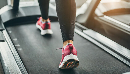 woman's foot on treadmill in gym, symbolizing fitness and health