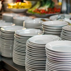 Obraz premium Stacks of Clean Plates at Hotel Breakfast Buffet, White Plates