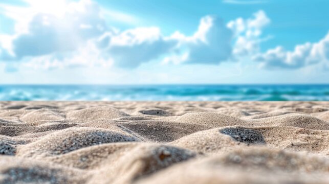 Tropical sandy beach summer with blurred sea and blue sky background. AI generated image