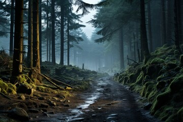 A pathway through a dark forest with a full moon shining in the sky - obrazy, fototapety, plakaty